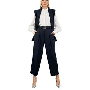 Vintage 80s 90s black flowy wide leg belted pleated old money ankle trousers 5